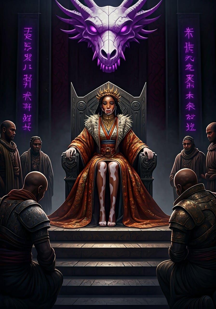 The warrior Queen sits on an angular metal throne on a platform, dressed as a mixture of European dress, kimono and barbaric ornaments, viti...