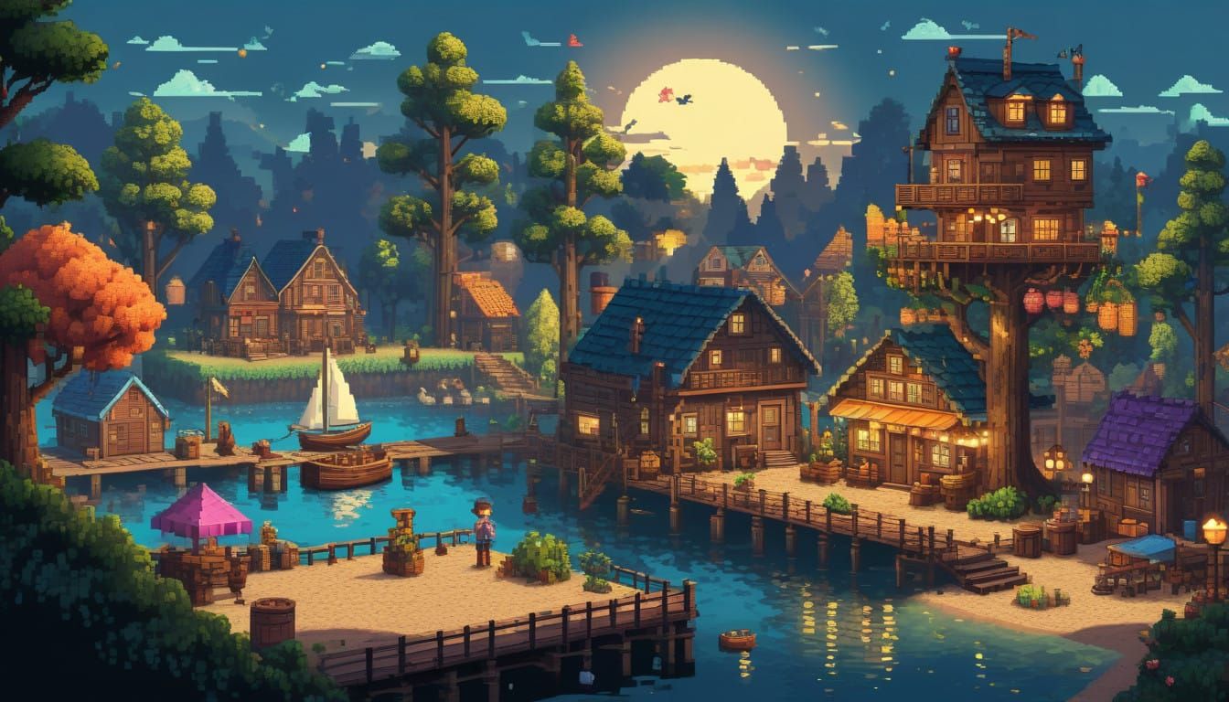 Cozy Pixel Art Sunrise Over Bustling Harbor in Whimsical Sta...