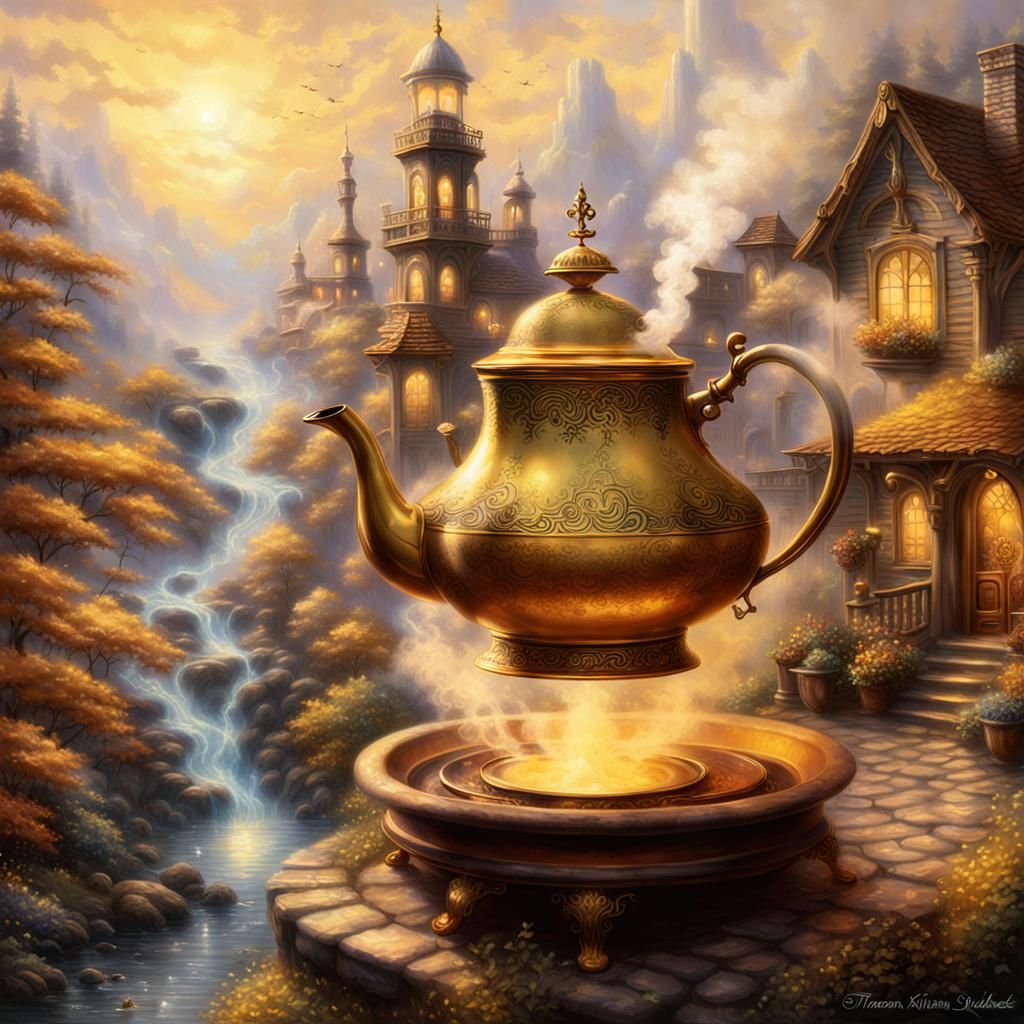 Yellow and brown theme, <subject> 1 brown kettle with yellow...