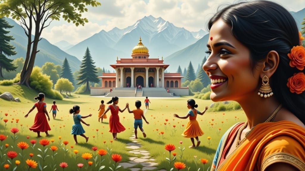 Double Exposure: Closeup inside the Silhouette of an Indian woman happy children play in front of a hindu-temple in the Himalayas in spring,...