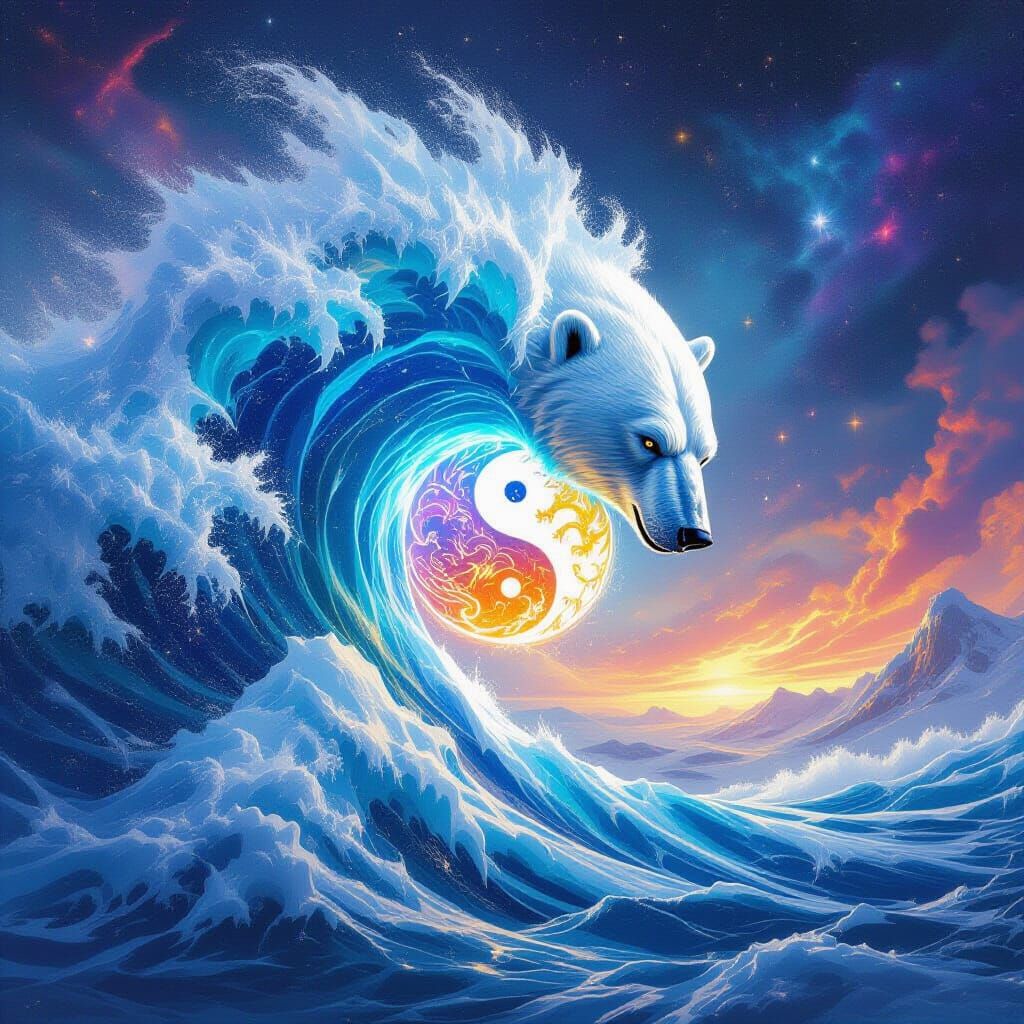 A wave of icy water with the head of a polar bear . In the wave is the Ying Yang 