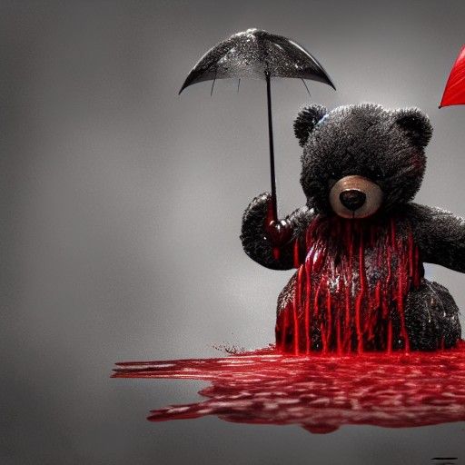 a teddy bear soaked in blood holding a black umbrella