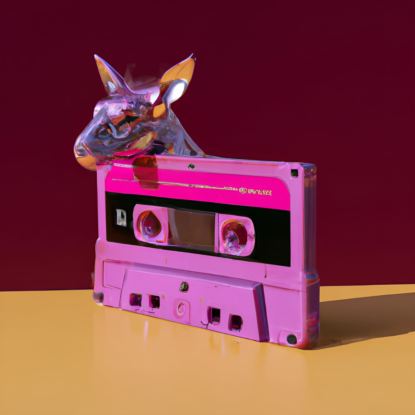 Purple donkey DJ; cassette tapes, beautiful, colorful, cosmic, futuristic, detailed, golden hour, iridescent, ... false