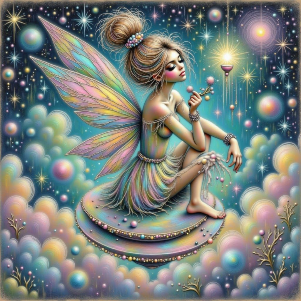 <lora:Fairy Adventures:1.0>A fairy whose house is inside a spinning teacup that floats in space, brewing storms in the saucer below — cozy a...