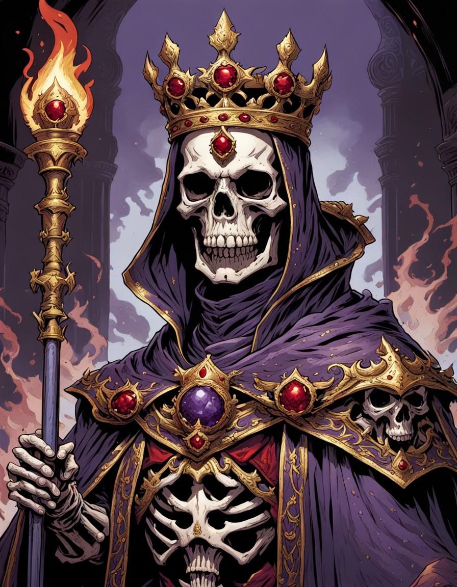 skeleton king with red flames in eye sockets wearing an orna...