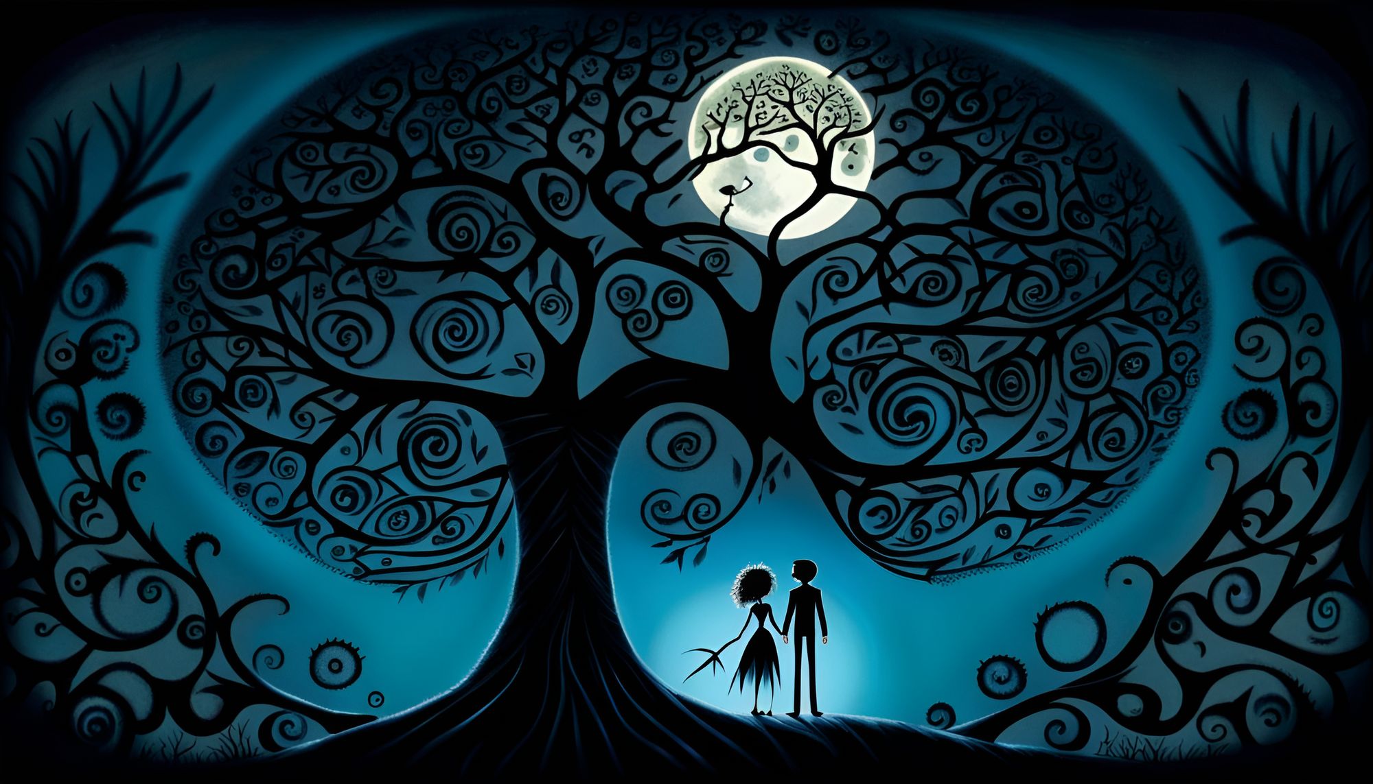 Hyperdetailed Tim Burton style of a man and women under the tree