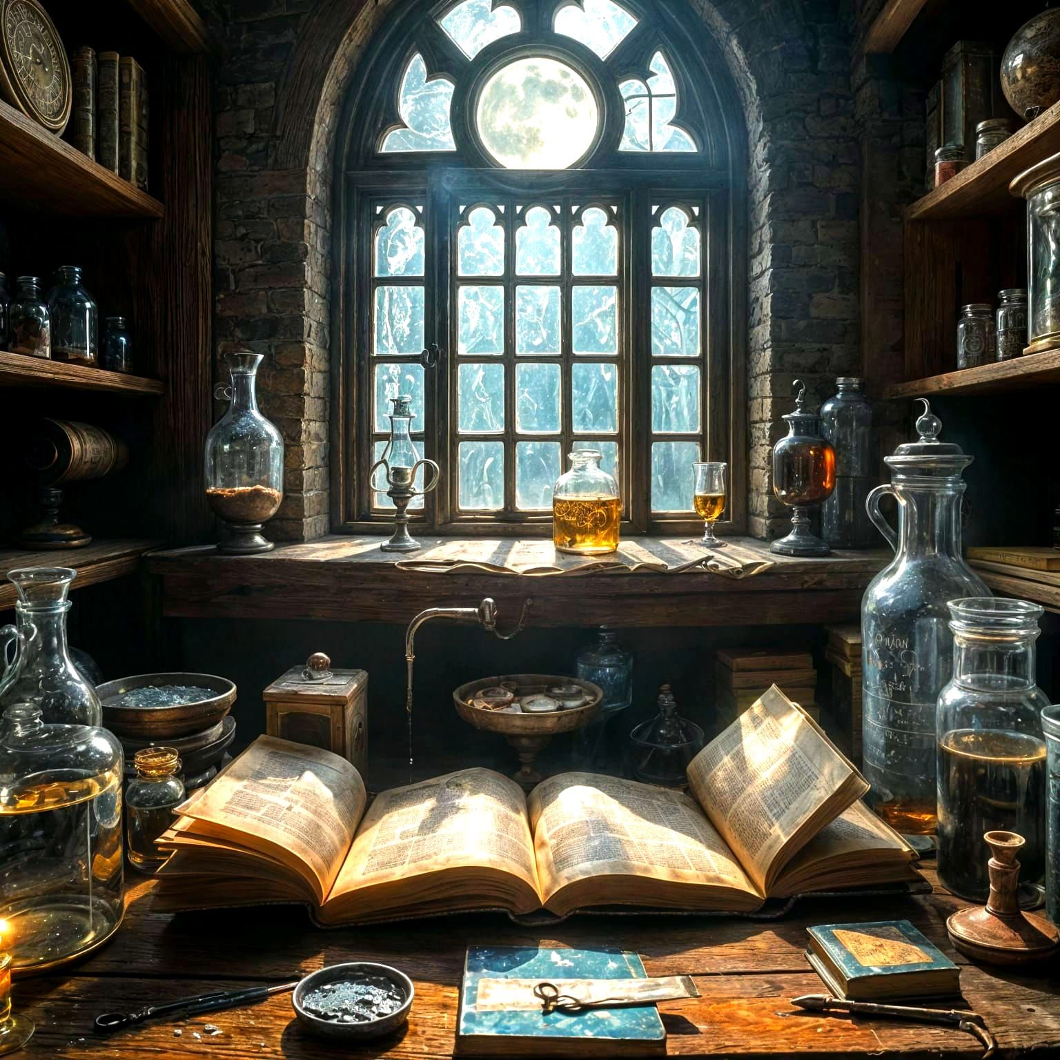 A masterpiece depiction of a forgotten alchemist's laboratory, bathed in the soft glow of enchanted moonlight filtering through a gothic win...