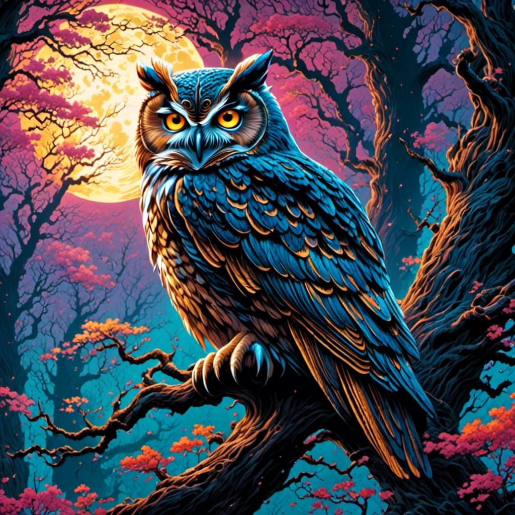 <lora:gnarly:1.0>owl in tree gnarly forest foggy moonlight moody epic intricate