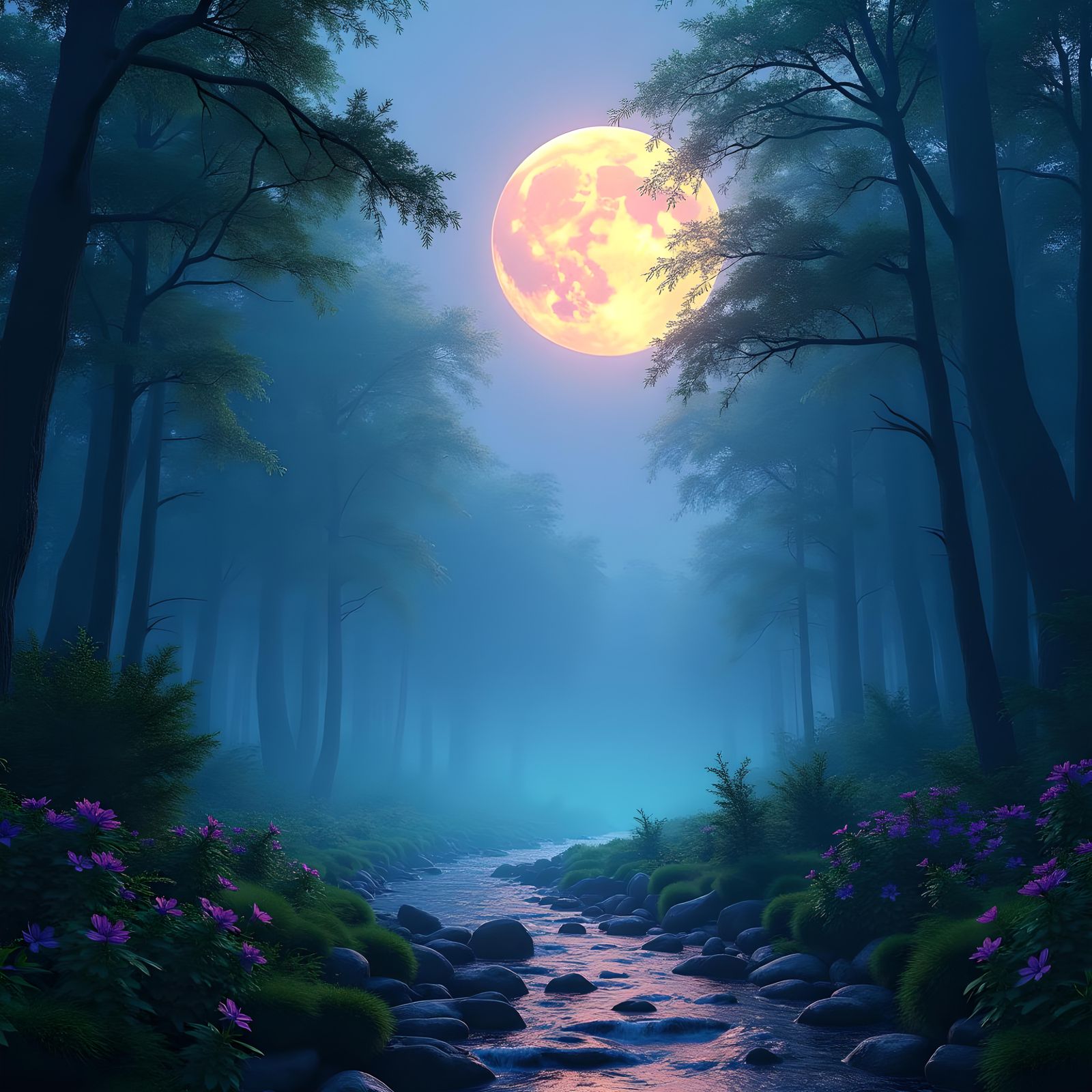Luminous Forest Under Yellow Moon: Fantasy Concept Art