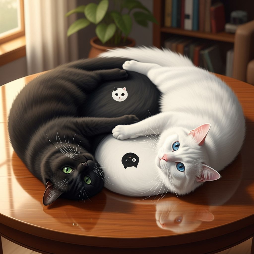 Yin and Yang Cats on Polished Wood Table