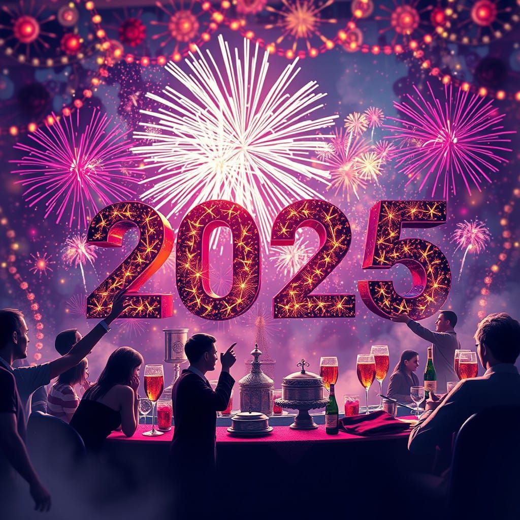 Countdown to New Year’s Celebrations, fancy party, food, drinks, fireworks [{(2025)}]  by @Mauve Marauder