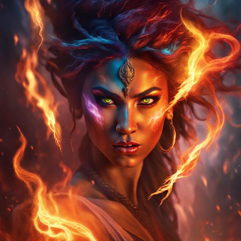 Surreal Female Djinn Erupts in Fiery Splendor