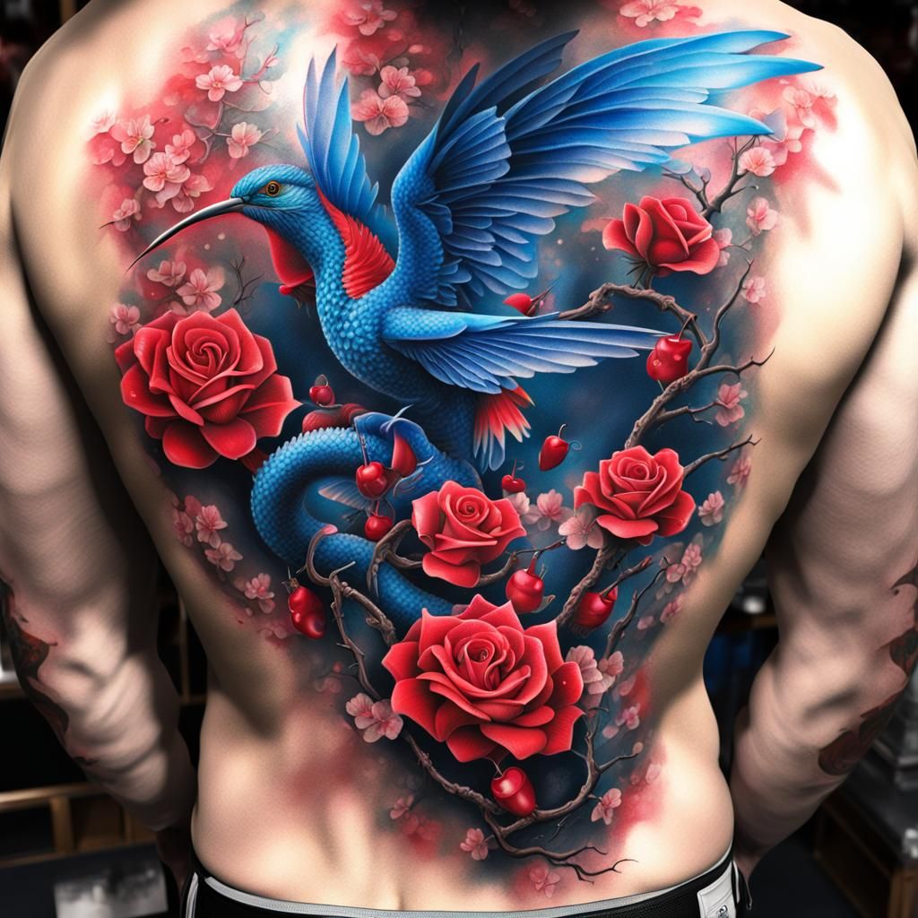Red rose (full back tattoo with (cherry blossoms, hummingbir...