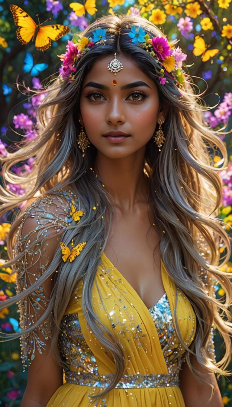 Photorealistic portrait of a confident, modern Indian woman, 25 years old in colorful mixed flower hybrids, amazing hair...