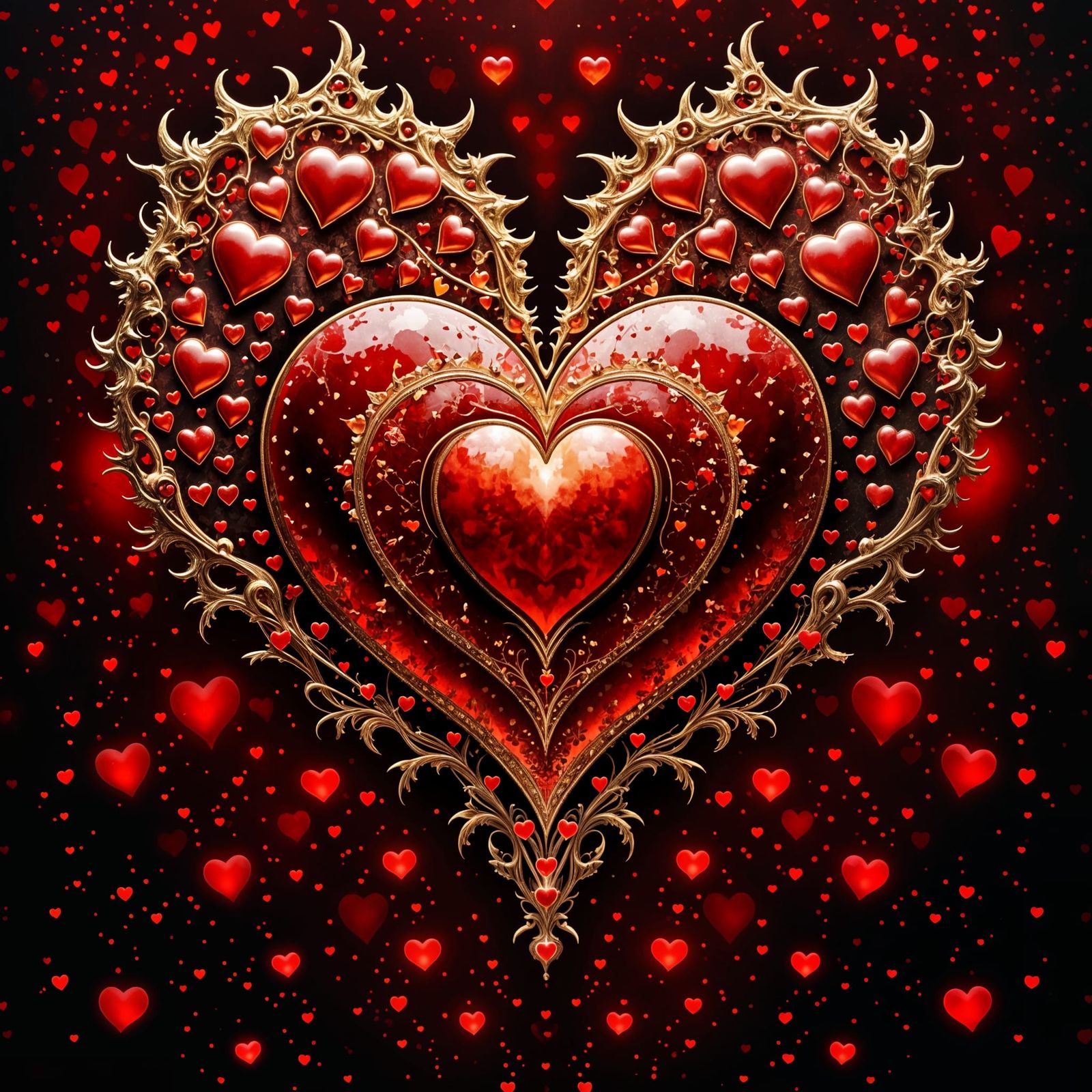 Intricate Fractal Hearts in Red and Gold