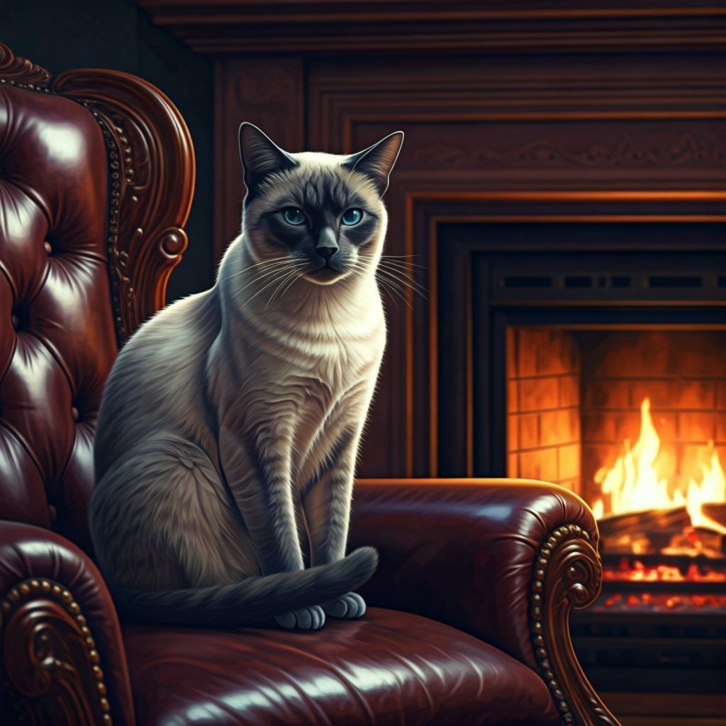 Majestic Siamese Cat by Fireplace in Matte Painting Style