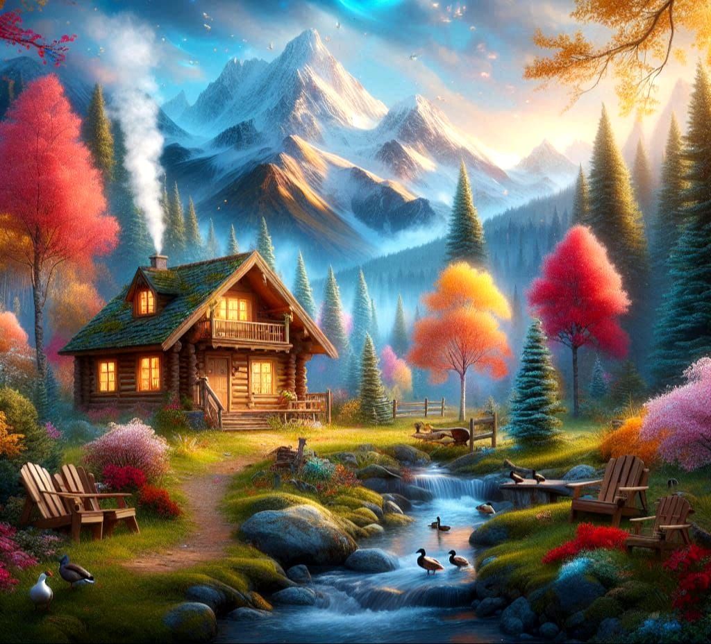 Enchanted Mountain Landscape with Log Cabin.🎨👩‍🎨
