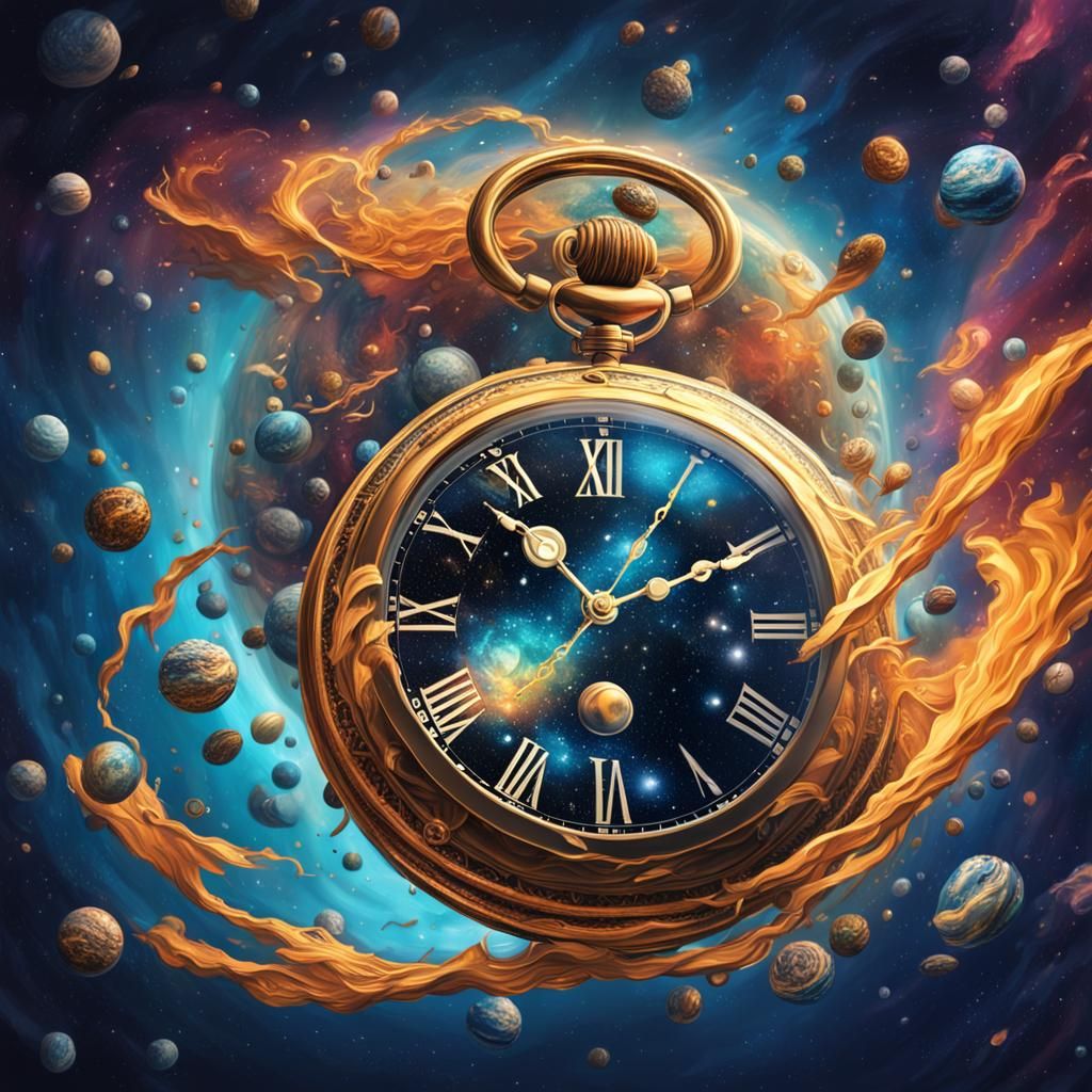 Distorted, twisted, exagerated pocket watch flying through universe  by @Crazy fish