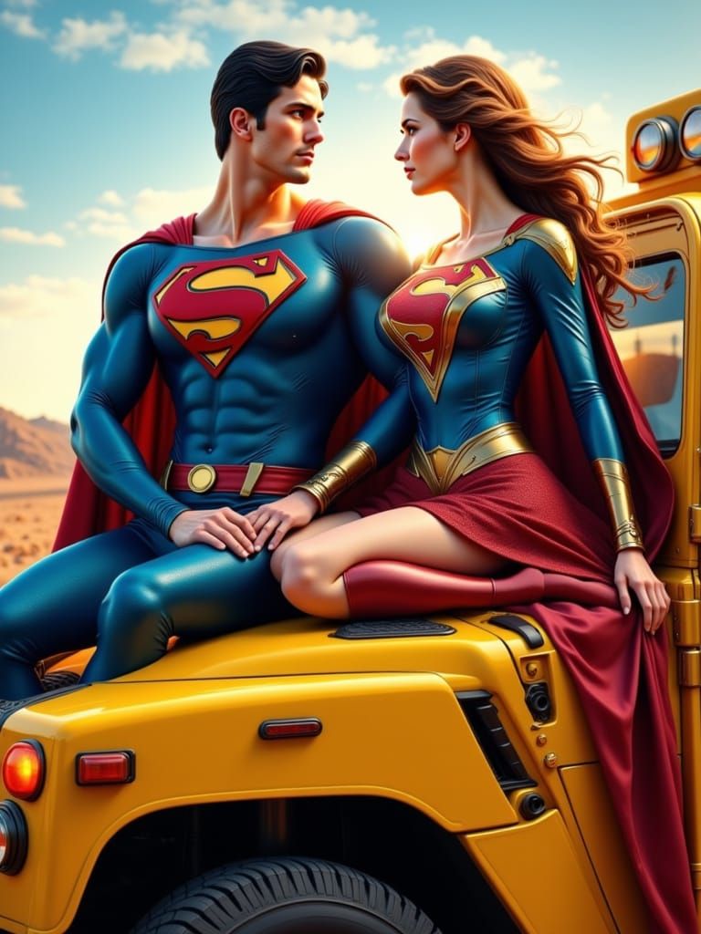 <lora:1st choice:1.0> Superman and Suprgirl sitting on the hood of an yellow Humvee testing each others super powers. Close-up. Hyperrealist...