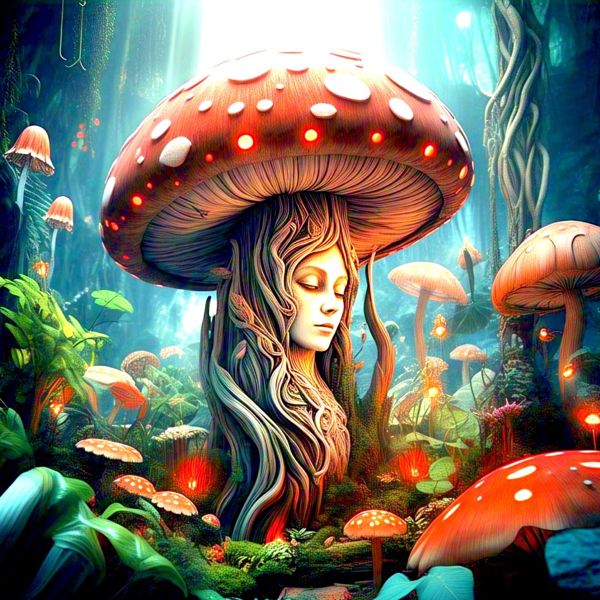 A feminine portrait is carved from a giant mushroom stem.