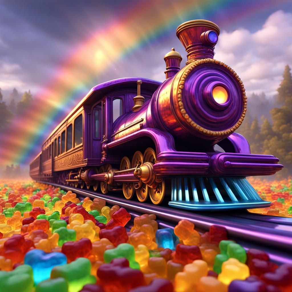 glass train filled with gummy bears riding on a rainbow.