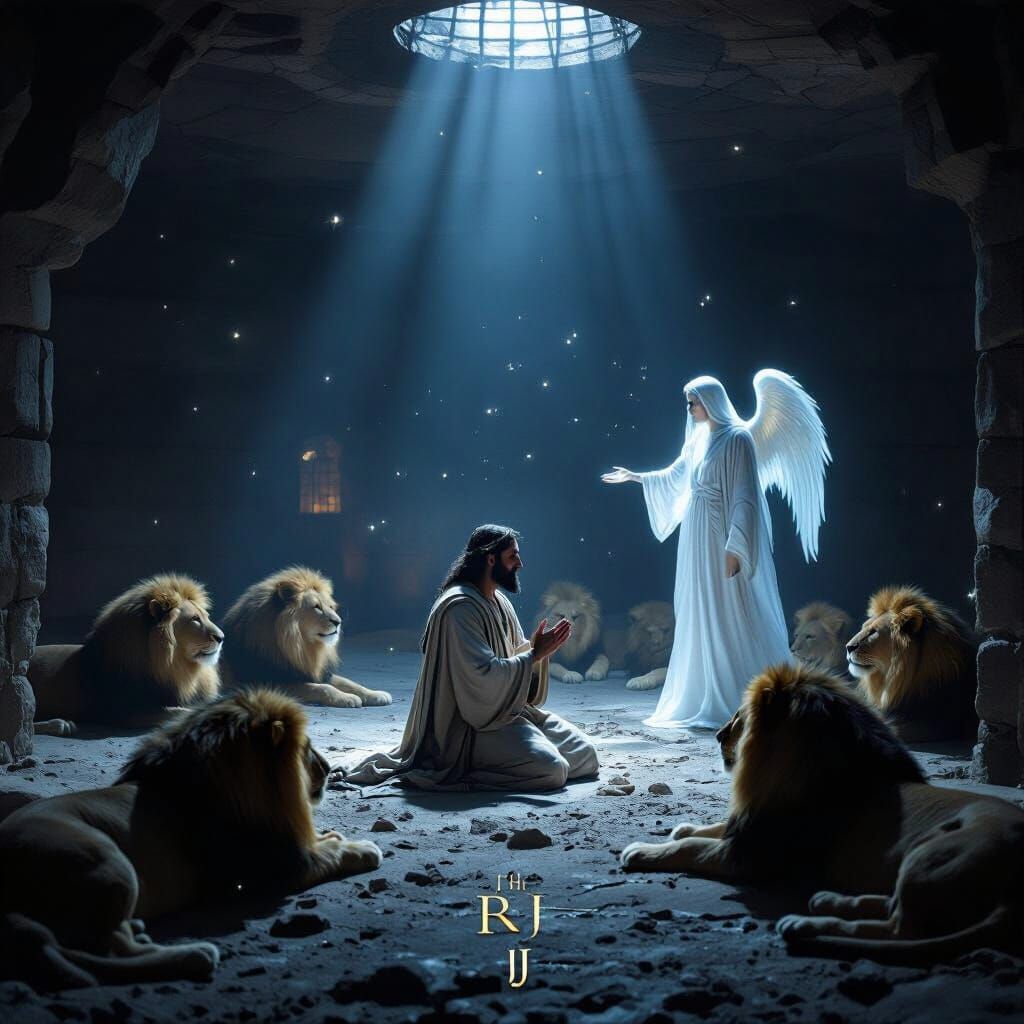 A cinematic, ultra-realistic depiction of Daniel in the lions’ den at night. Daniel, dressed in ancient Persian robes, kneels or stands in s...