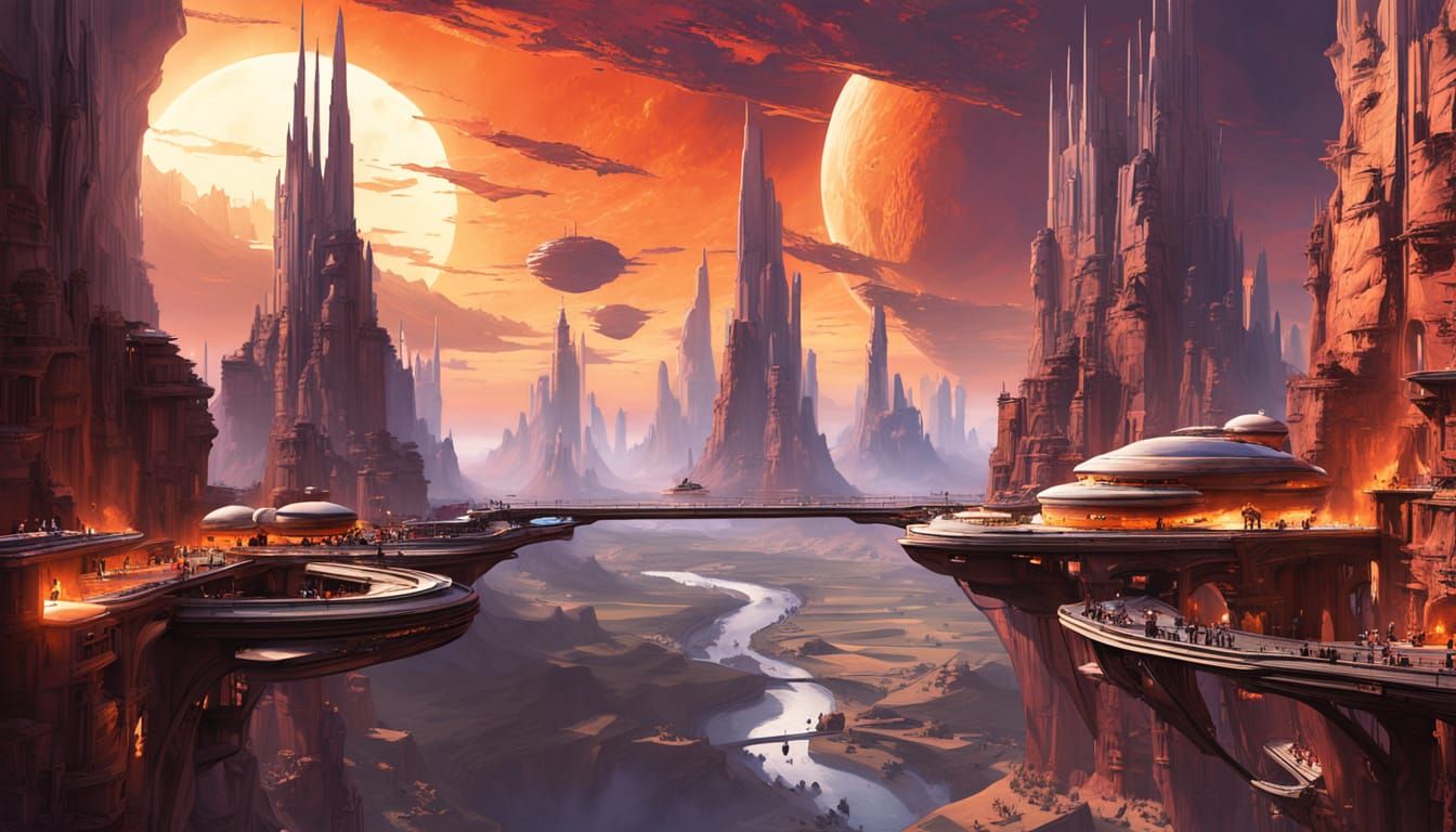 "An epic and hyper-realistic digital painting of a futuristic cityscape nestled within a colossal, massive canyon on an alien planet. The ci...