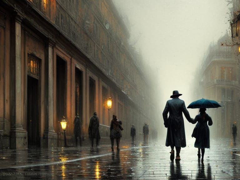 elegant man and woman walking on a city street cobblestone 2...