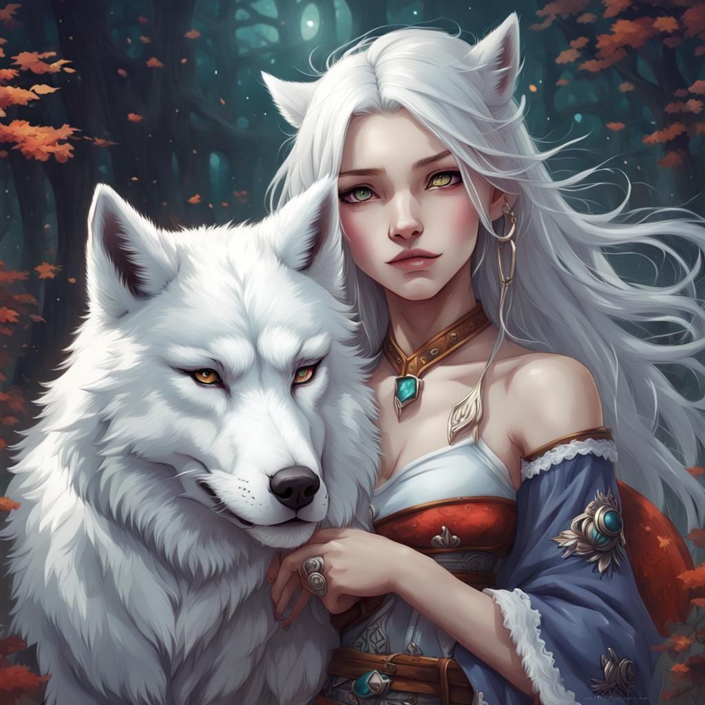 Anime Girl with White Wolf Fantasy Art