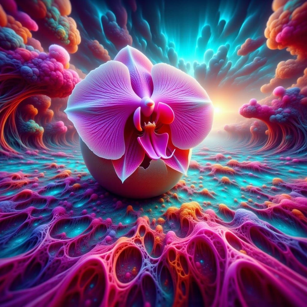 <lora:-Surreal Hatchlings-:1.0> macro photography of an orchid, ultra realistic in a surreal chromatic landscape