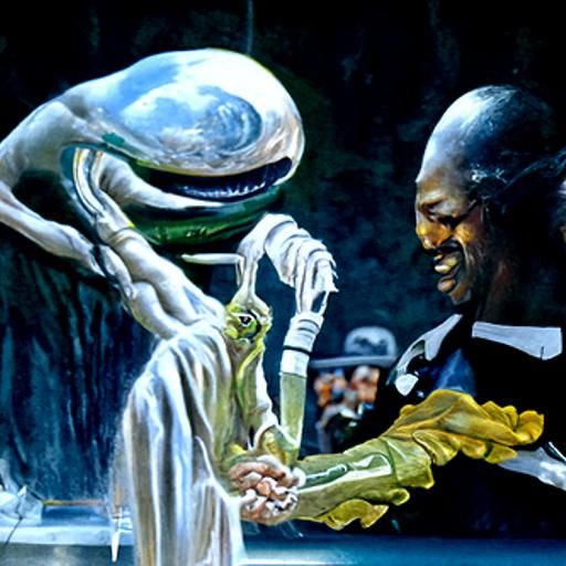 An alien shakes hands with Michael Jordan