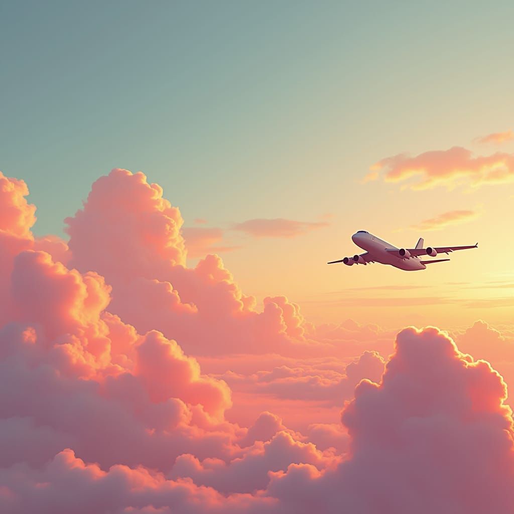 Airplane Soaring Through Evening Sky in Futuristic Style