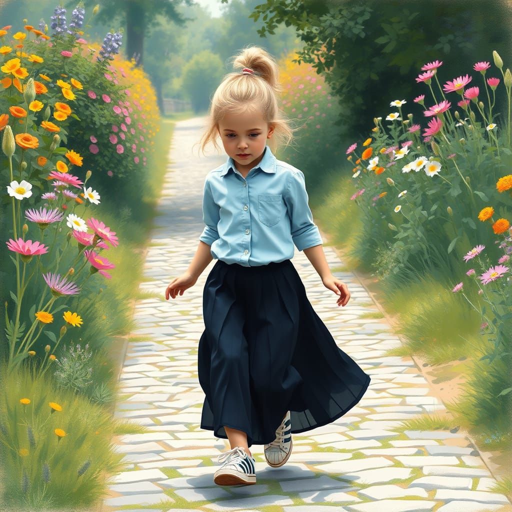 Girl Skipping Through Wildflowers: Impressionist Style