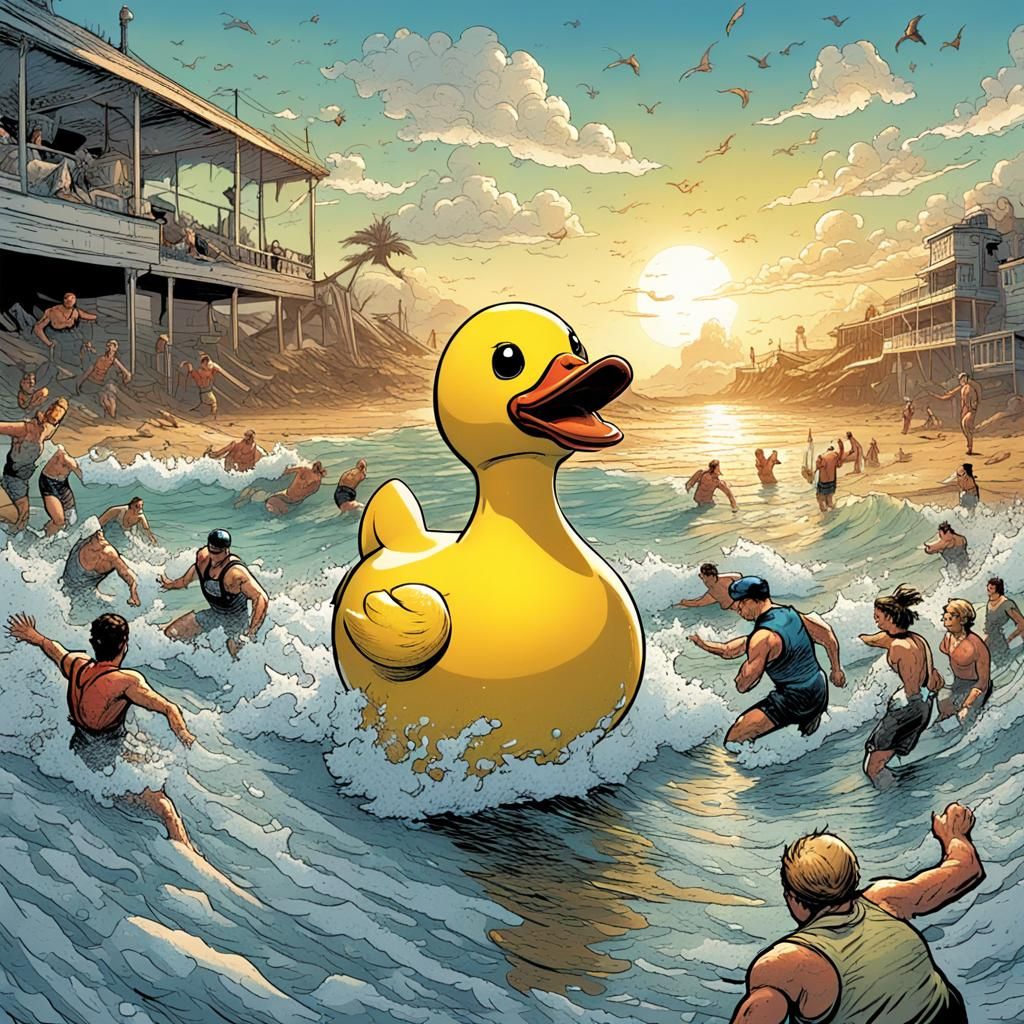 A Yellow Giant Rubber Duck Attacking Swimmers As People On B...