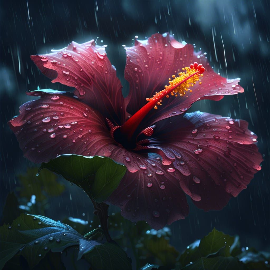 Hibiscus blooming in a cloud at night with rain falling  by @Jim