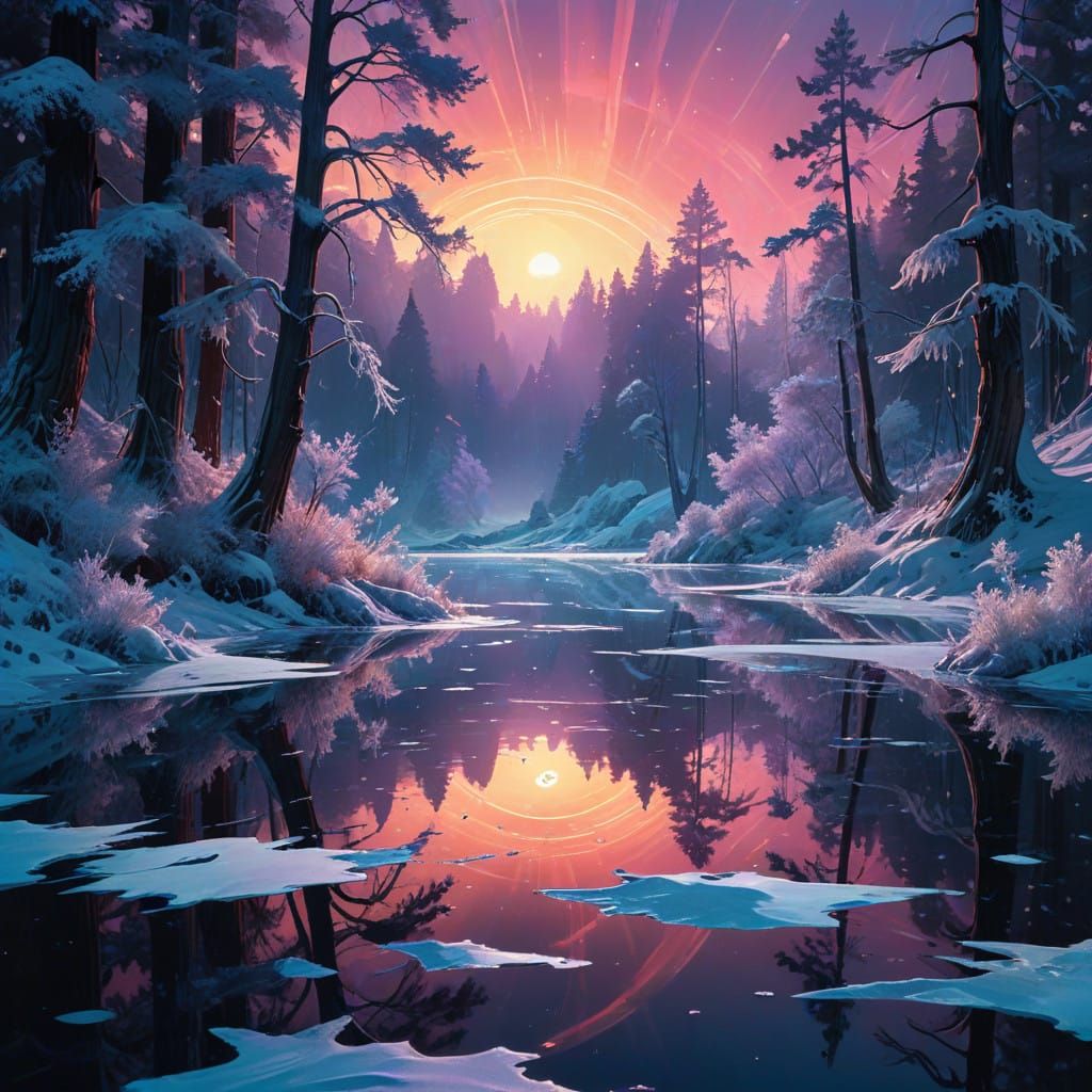 "Winter wonderland iridescent watercolour painting volumetric lighting intricately detailed glowing neon ...  by @Pinto