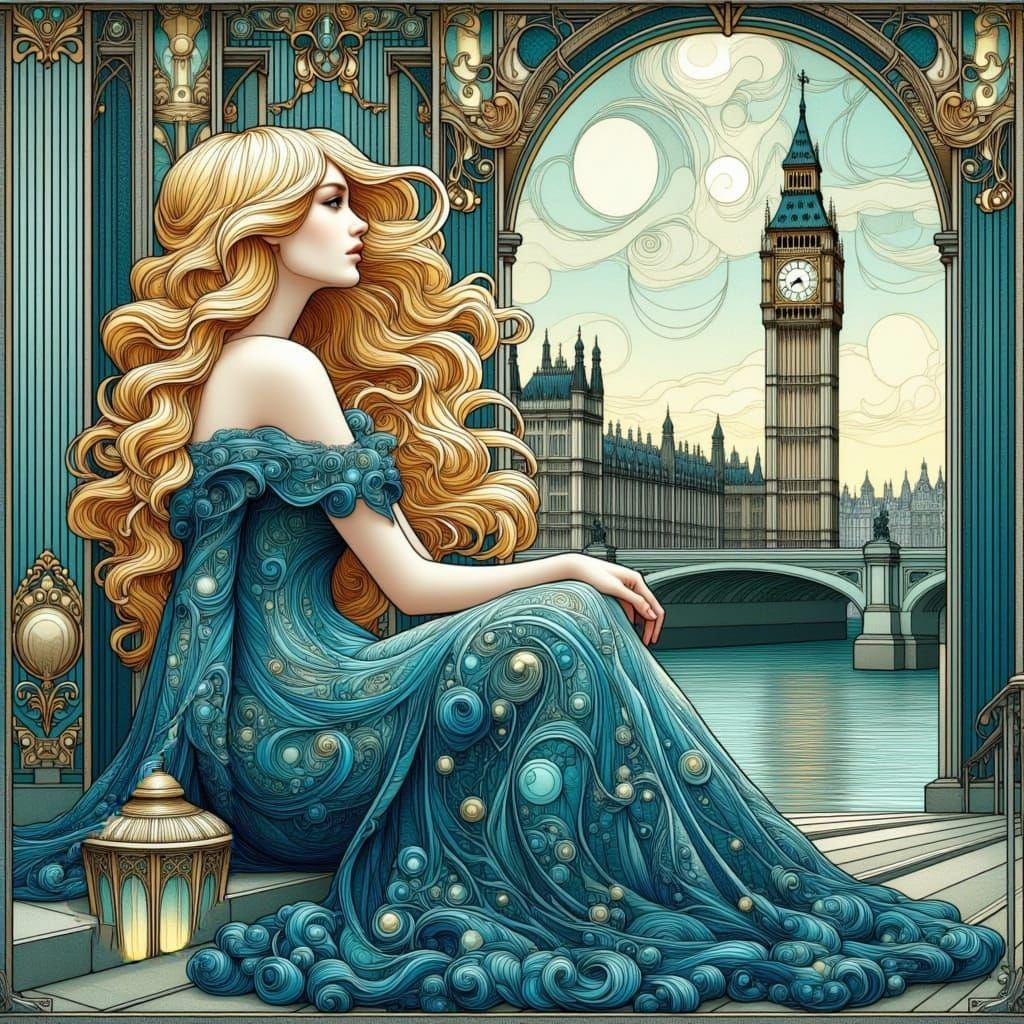 <lora:Art Nouveau:1.0> Art Nouveau style a beautiful woman with long blond hair sitting strolling through the streets of London next to Big ...