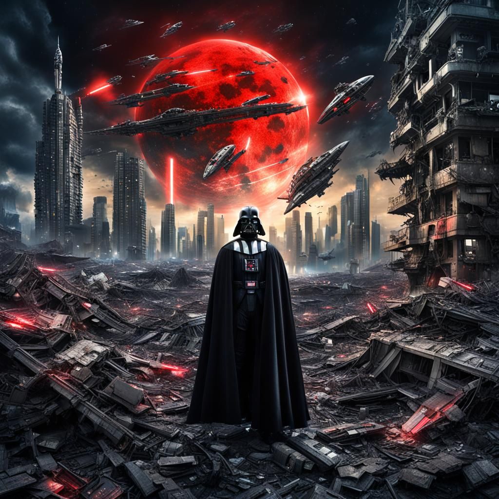 Darth Vader with red lightsaber in destroyed apocalyptic Tok...