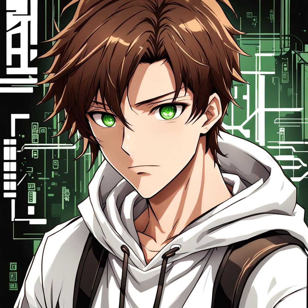 Hacker boy with brown hair and brown eyes and a white hoodie...