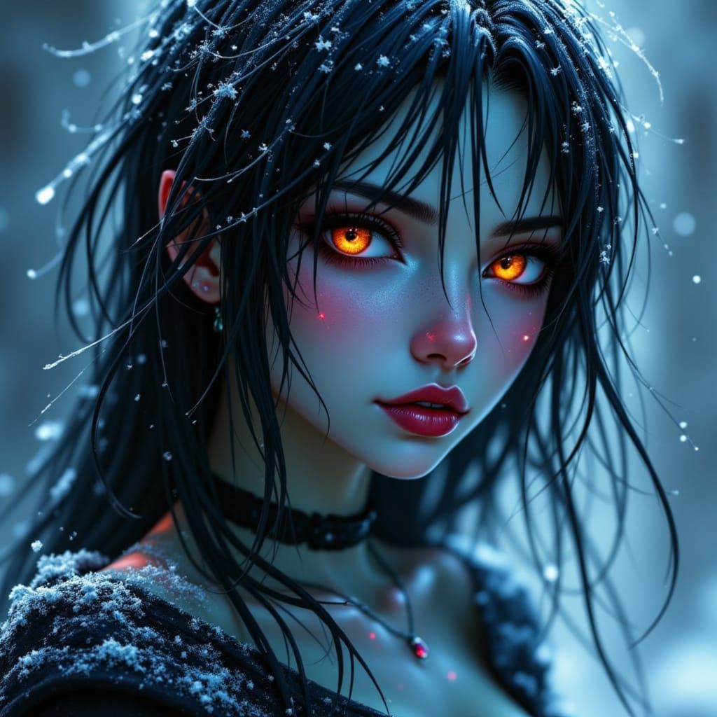 <lora:Refined Serenity Fx:1.0>, Portraiture of ethereal frost snow-covered woman, auroral luminescence infused in delicate facial features, ...