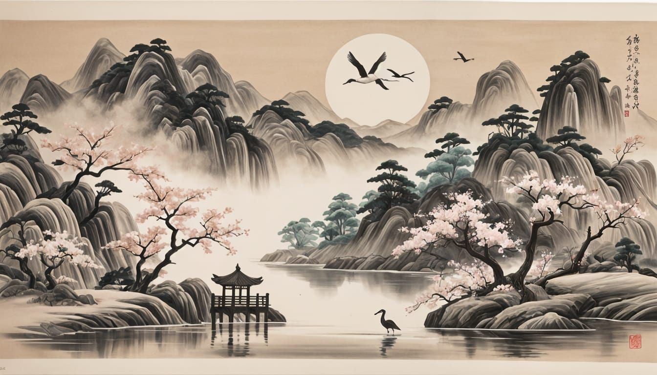 Serene Night Landscape With Crane Under Moon
