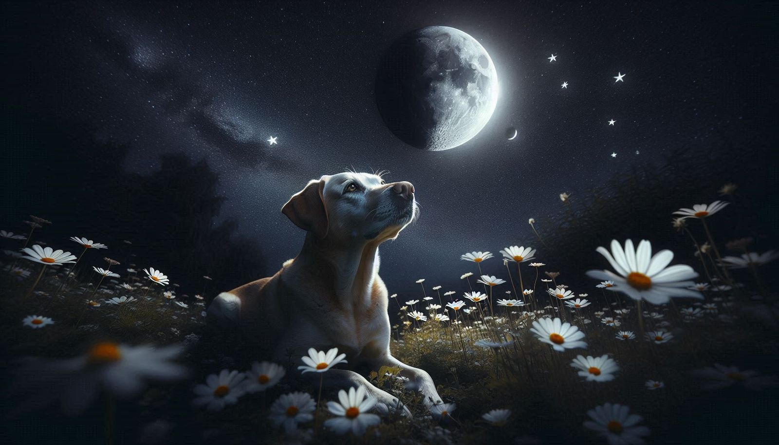 Dog in the night with flowers around