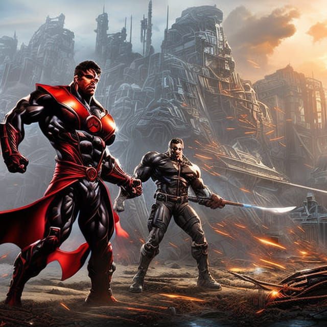 Two rugged handsome muscular bodybuilder superheroes, 
Mark ...