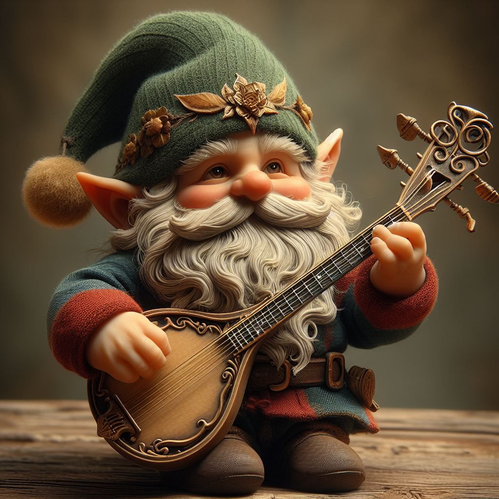 A gnome playing mandolin