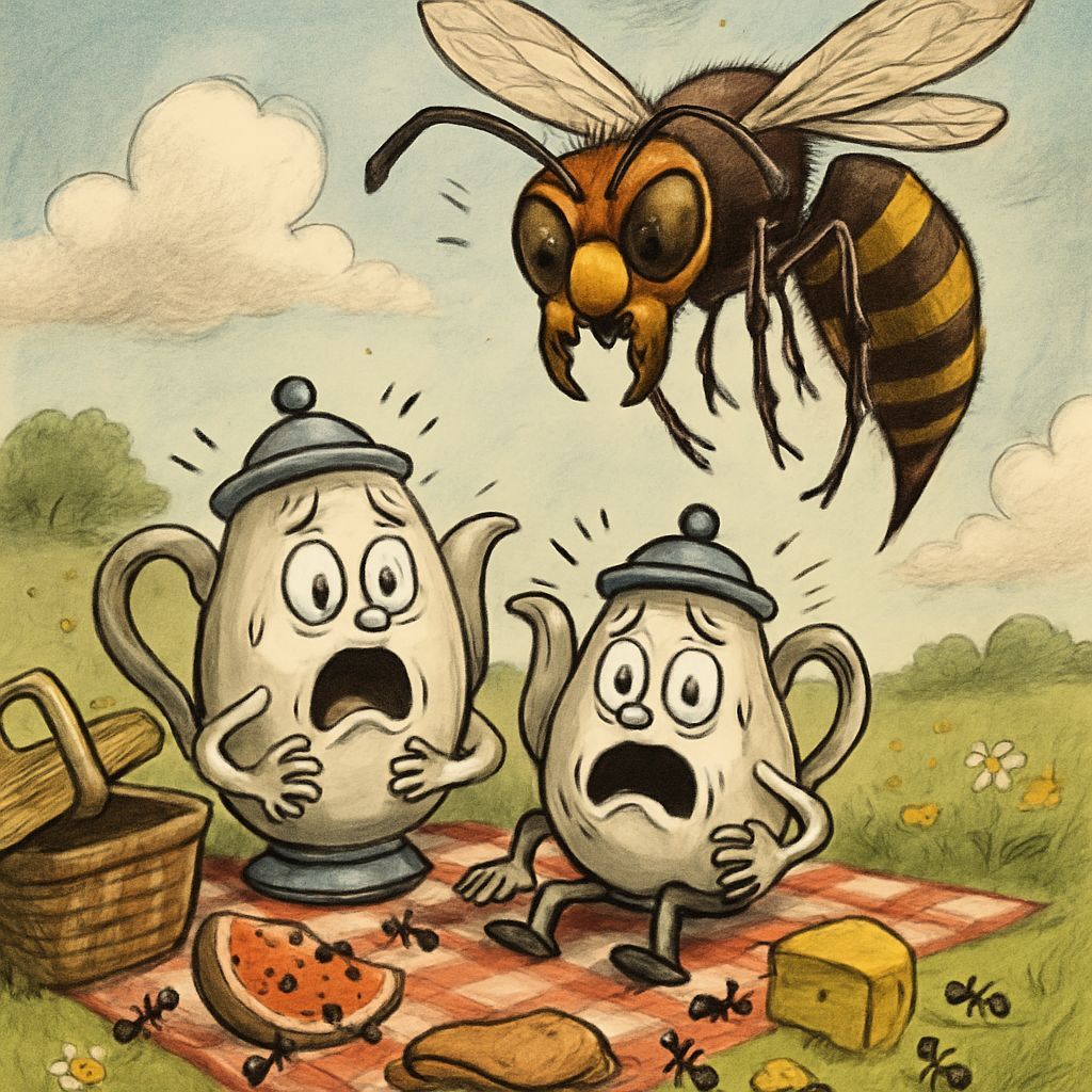 the teapots runs and the wasp flies after him