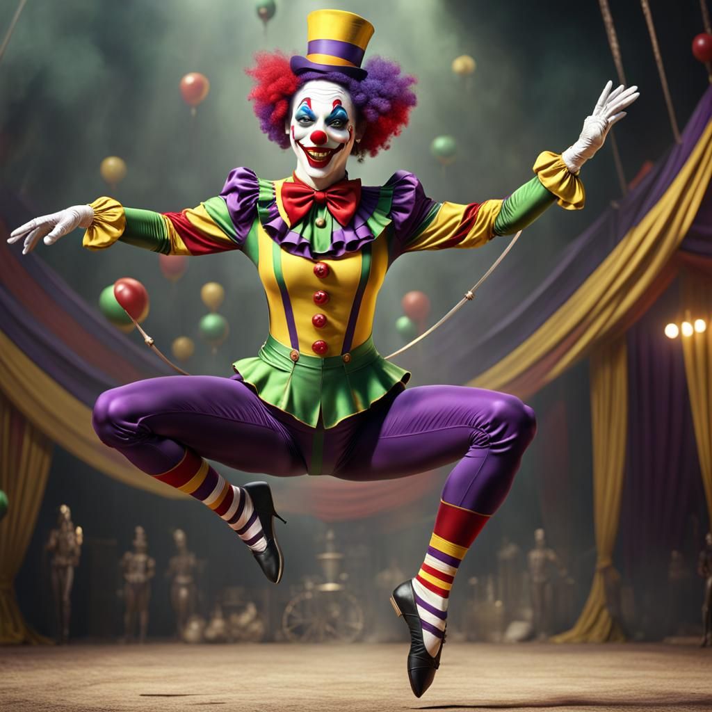 full body shot, Beautiful female acrobatic mime clown, tight clothes, action pose, Circus, Yellow red, ...  by @James Silvers