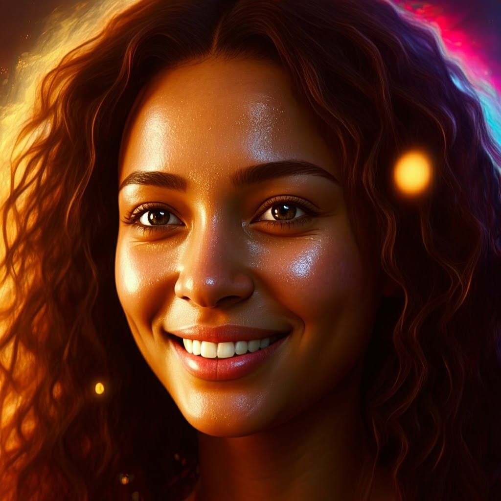 A woman with a bright smile, bathed in a soft, radiant aura.