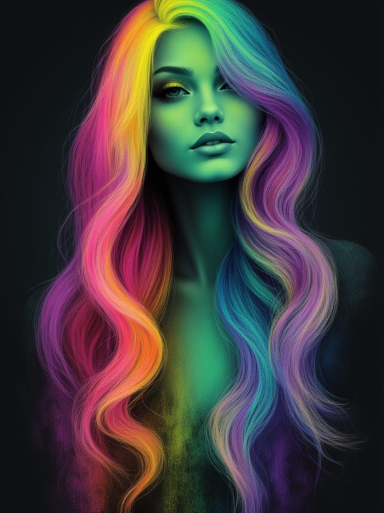 <lora:Neon chalk:1.0> <lora:Beauty:1.0> female full body length, neon chalk yellow and neon green hair, neon pink, orange and purple neon ch...