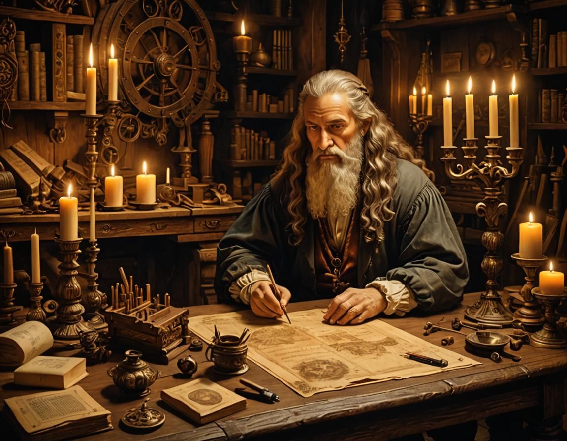 Leonardo da Vinci preparing the plans for NightCafe  by @moowokuorn