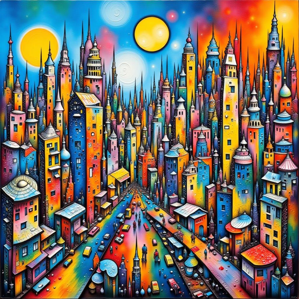 <lora:Chromatic Characters:1.0> A vibrant, abstract cityscape rendered with bold, gestural brushstrokes and a riot of clashing colors. Build...